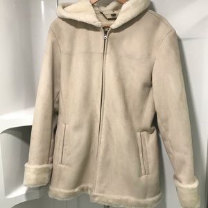Tan suede pea coat with fur like lining,size large